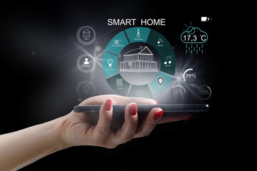 pretty woman with smartphone touching screen and using app