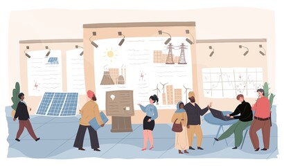 Vector cartoon flat characters-exhibitors and visitors at energy industry expo conference.Exhibition staff workers explain,show stands and presentations to rich arabic businessmen and other guests