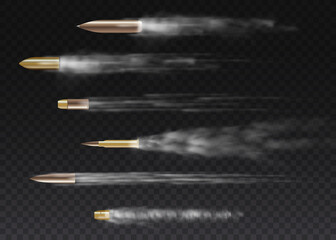 Realistic flying bullet in motion, smoke traces. - obrazy, fototapety, plakaty
