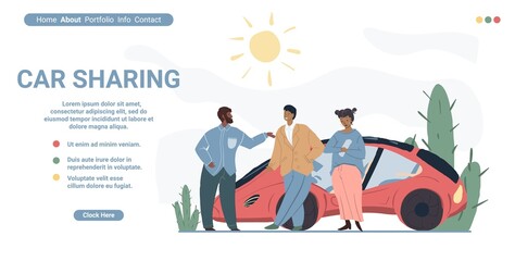 Vector cartoon flat characters use car sharing service-happy smiling people communicate next to vehicle.Landing page web site,online mobile app for car share design,social media concept