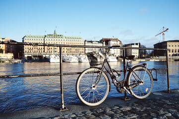 STOCKHOLM, SWEDEN: Scenic cityscape view of old city center Gamla Stan with colorful buildings near the water