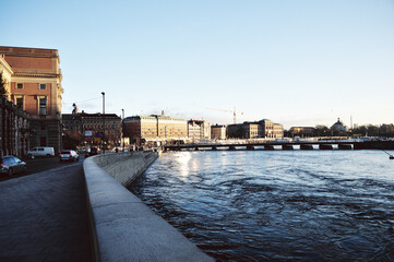 Fototapeta premium STOCKHOLM, SWEDEN: Scenic cityscape view of old city center Gamla Stan with colorful buildings near the water