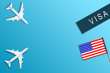 Passport near flag. Toy plane. Journey to country of opportunities. New document on old table.