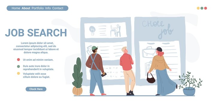 Vector cartoon flat characters employees in search at job fair.People of different professions seeking for job at career expo,read,exam,analyzing work announcements at stands, landing page concept