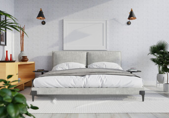 3D Mockup photo frame in Modern interior of bedroom