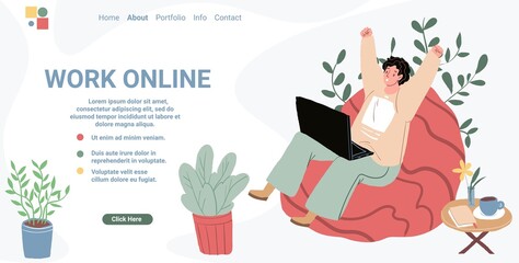 Vector cartoon flat happy freelancer characters works at home office apartment interior workspace.Young man sits in cozy atmosphere working on laptop-landing page design,online freelance work concept