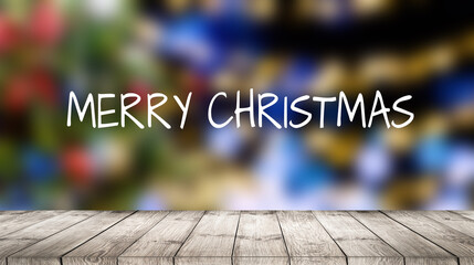 Wood terrace and Abstract bokeh background of Christmas tree decoration for merry christmas Xmas and happy new year