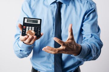 national business man in blue shirt cryptocurrency bitcoin finance light background