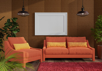 3D Mockup photo frame in Modern interior of living room