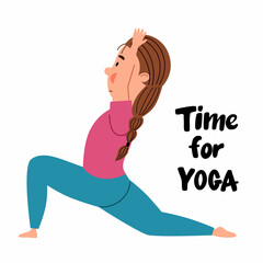 a European girl stands in the pose of a warrior. The child is engaged in sports. Time for yoga. Vector illustration in a flat style on a white background.