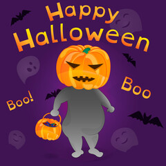 Happy Halloween banner with cute pumpkin, ghost and bat. invitation card to celebrate party in halloween night. background