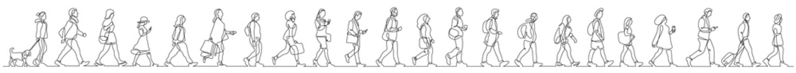 continuous line drawing of group of diverse people walking on street
