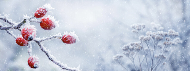 Frost-covered red rose hips on a bush with a blurred background during a snowfall. Winter Christmas...