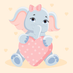 Cute baby elephant. Elephant pulling a big pink heart in her arms. Animal sticker. Baby picture for printing on fabric. Poster or badge for gift for teenager girl. Cartoon vector illustration
