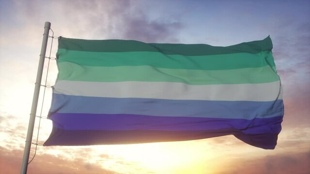 MLM pride flag waving in the wind, sky and sun background