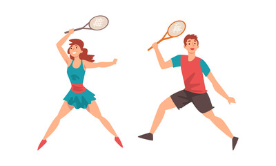 Fototapeta na wymiar Man and Woman Playing Tennis as Racket Sport on Court Vector Set