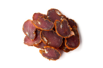 Dried meat beef jerky dry isolated on white background.