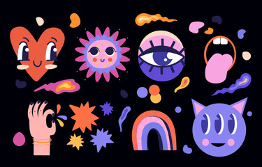 Collection of abstract stickers. Set of icons with heart, sun, rainbow, and celestial bodies. Graphic elements for posters and social networks. Cartoon flat vector illustration on black background
