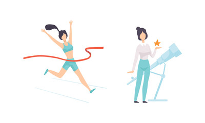 Strong Woman Winning Marathon and Engaged in Astronomy Watching Stars with Telescope Vector Set