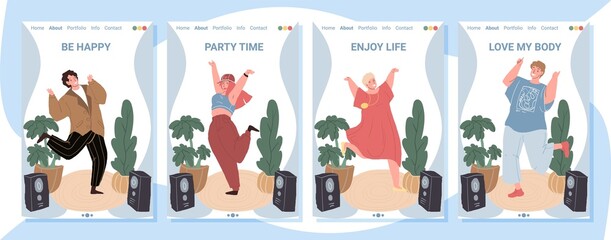 Obraz premium Set of vector cartoon flat characters in happy positive mood.Young people enjoys life,rejoice,dance,jumping happily-emotions,friendship concept.Landing page,web banner ad,social media stories design