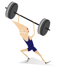 Naklejka premium Cartoon man weightlifter isolated illustration. Funny strong man is trying to lift a heavy weight isolated on white 