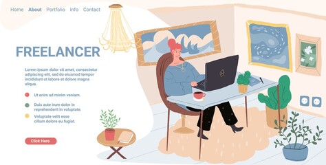 Vector cartoon flat happy freelancer character works at home office apartment interior workspace.Young girl sits in cozy atmosphere working on laptop-landing page design,online freelance work concept