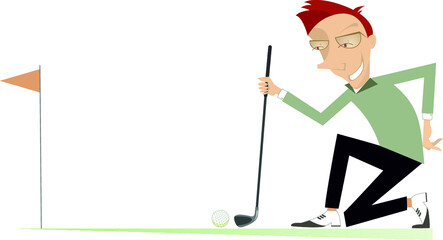 Young man a golfer on the golf course illustration. Cartoon golfer man staying on the kneel aiming to do a good kick isolated on white