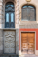 Fototapeta na wymiar four wooden doors with a beautiful decorative finish in the historical part of various European cities
