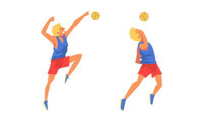 Fototapeta na wymiar Young Blond Man Volleyball Player Hitting and Tossing the Ball with Hands Vector Set