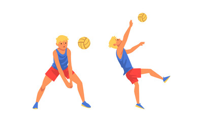 Fototapeta na wymiar Young Blond Man Volleyball Player Hitting and Tossing the Ball with Hands Vector Set