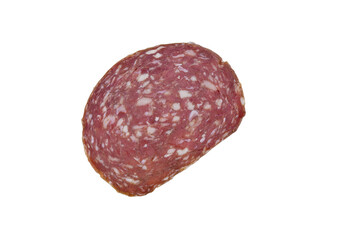 Slice of salami sausage isolated on white background