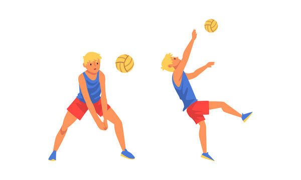 Young Blond Man Volleyball Player Hitting and Tossing the Ball with Hands Vector Set