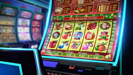 Fototapeta na wymiar Close-up view of a Christmas-themed video slot game on a slot cabinet with curved display and neon lights at the casino play room. 3D rendered illustration