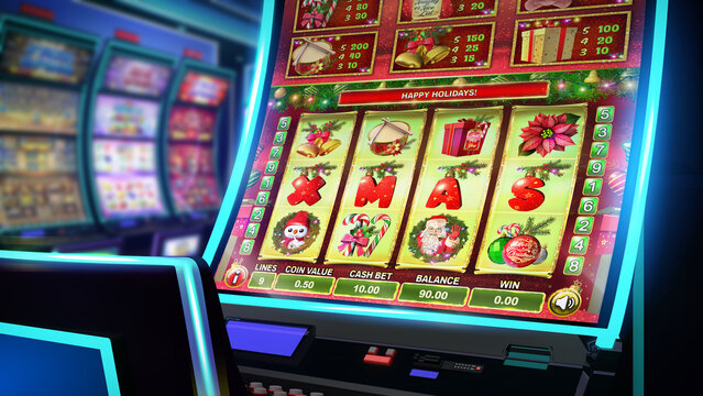Casino gambling concept image for celebrating Christmas. Close-up view of a Xmas-themed video slot game on a slot cabinet with curved display and neon lights at the casino play room. 3D render