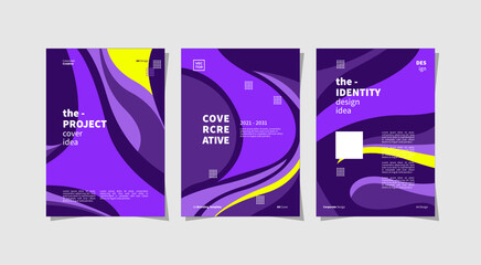 Three paper designs with purple and yellow ornaments. For marketing business needs, file in svg