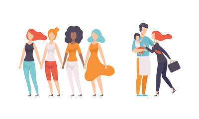 Woman Standing Holding Hands and Hurrying to Work with Briefcase as Gender Equity Vector Set