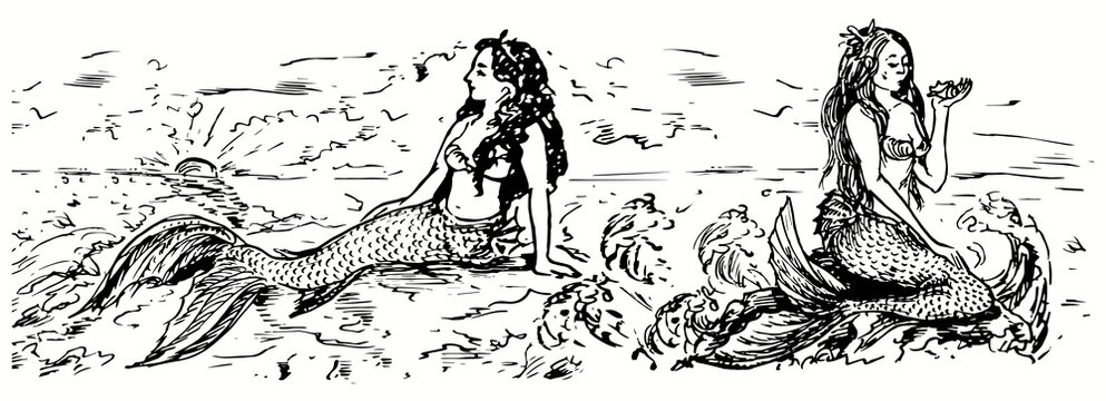 Mermaids sitting on rock and looking on ocean landscape with sunset. Ink black and white doodle drawing in woodcut style illustration