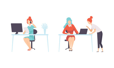 Obraz premium Work and Career with Woman at Office Desk Speaking by Phone and Working with Documents Vector Set