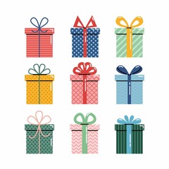 Vector set of different colorful wrapped gift boxes. Christmas gift box. Party gifts.