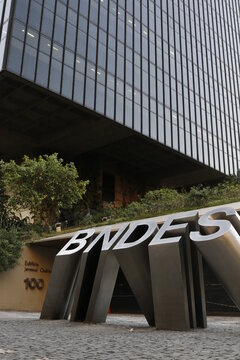 BNDES bank logo on building headquarters. Brazilian national state owned bank for social and economic development - Rio de Janeiro, Brazil 06.25.2021
