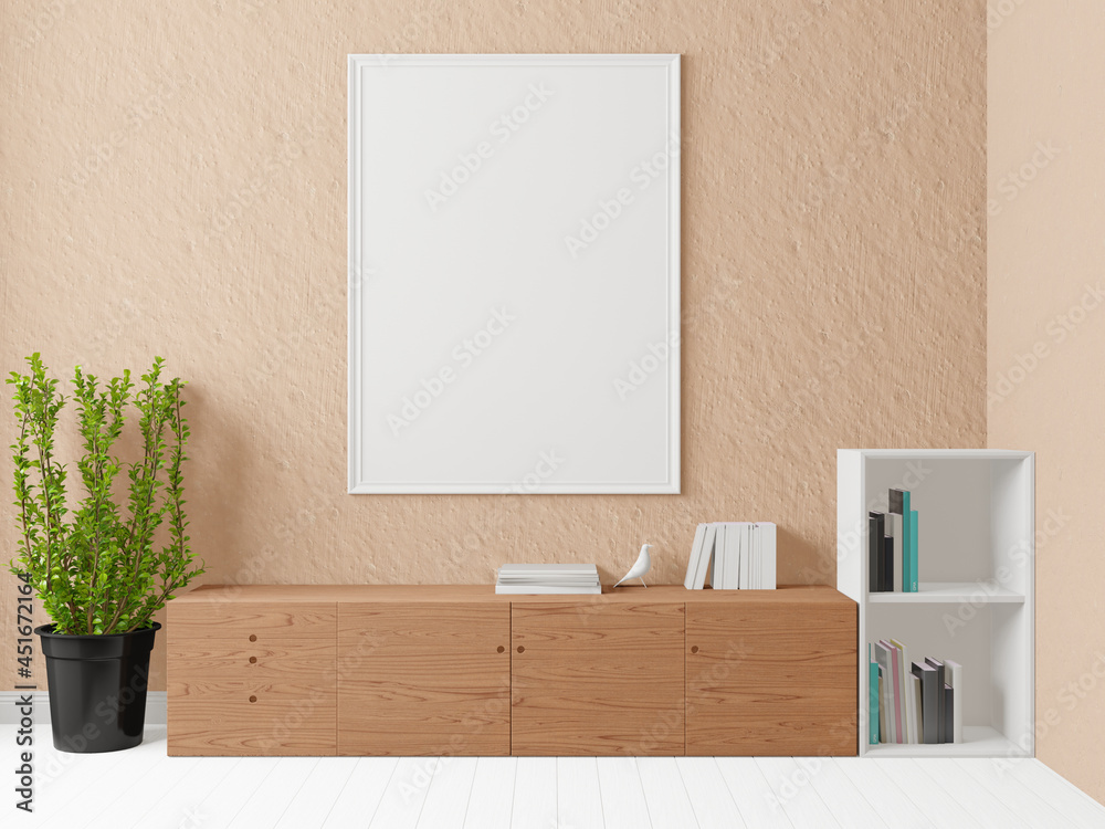 Wall mural 3d mockup photo frame in modern interior of living room