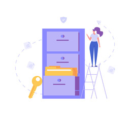 Woman standing next to a file storage box. Concept of document archive, data storage, safe storage, file archiving and organization, digital database. Vector illustration in flat design