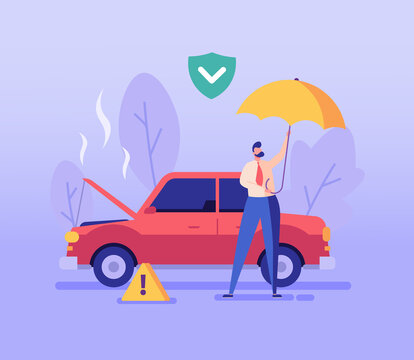 Road Accident Vector illustration. Man with Umbrella Standing beside Broken Car with Car Insurance. Concept of Car Insurance Services, Protection Property, Road Accident for Web Design, UI, Banners