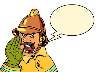 Retro fireman yells about a fire. Danger and rescuers