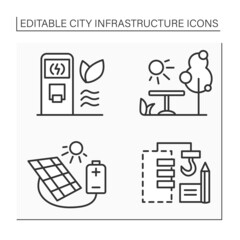 City infrastructure line icons set. Park, solar battery, drawing, park. Recharging station. Industrialization concept. Isolated vector illustrations. Editable stroke