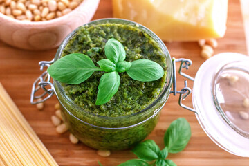 Homemade pesto made of basil, pine nuts, and Parmesan cheese