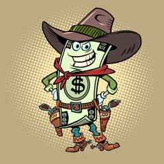 Dollar Money comical character of a cowboy sheriff from a western. Economics and Finance