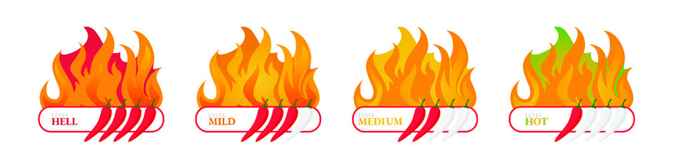 Spicy hot chili pepper icons set with flame and rating of spicy Mild, medium hot and extra hot level of pepper sauce or snack food Chili pepper or chile habanero and jalapeno level Hot pepper sign