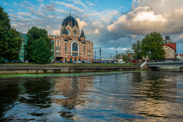 Amazing  Summer panorama with Synagogue in Kaliningrad 