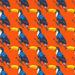 Watercolor seamless pattern with toucan. Exotic botanical jungle wallpaper with tropical bird and leaves. Bright summer pattern background.